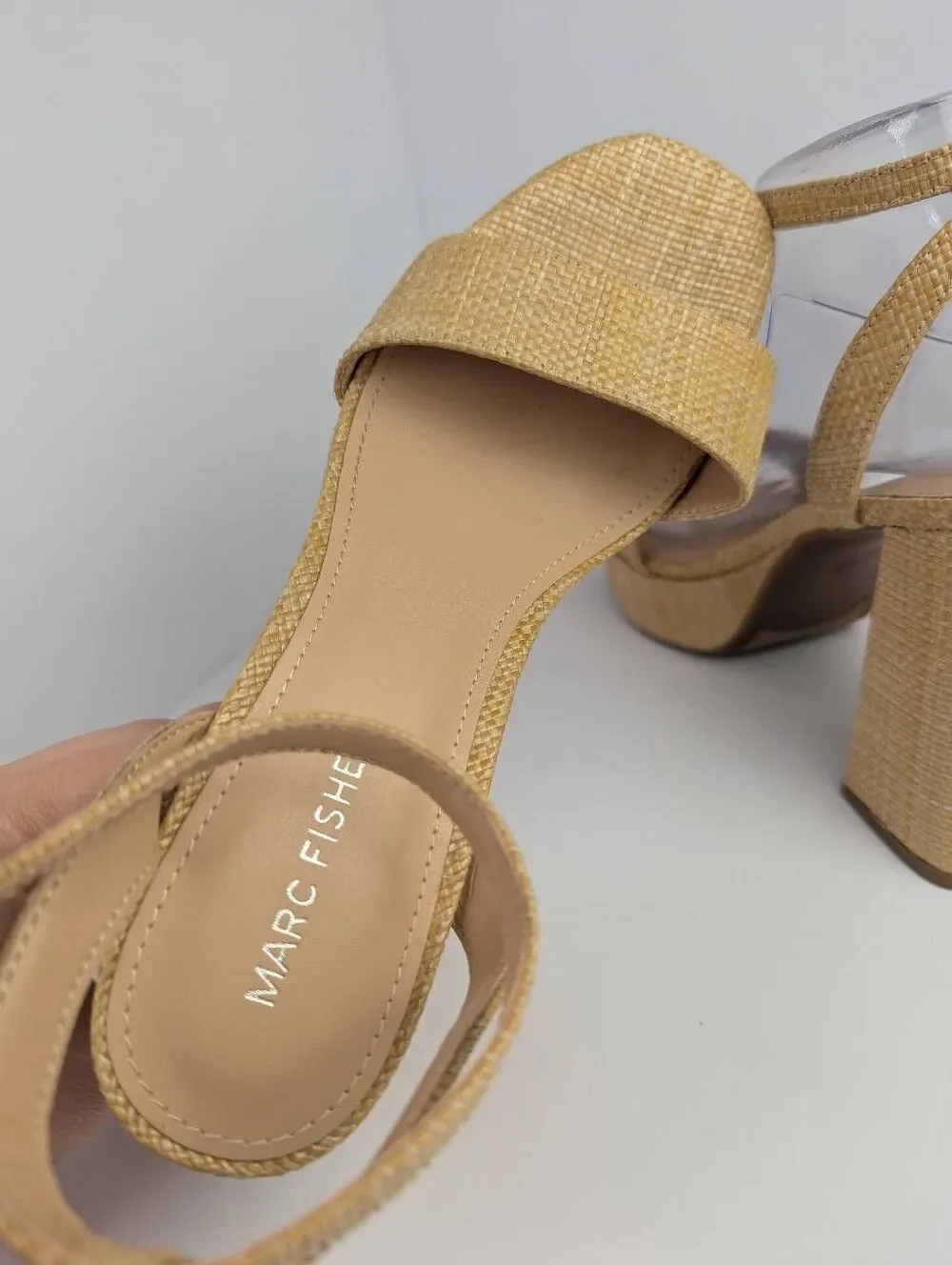 Marc Fisher beige raffia woven basket natural platform sandal heels womens 7.5